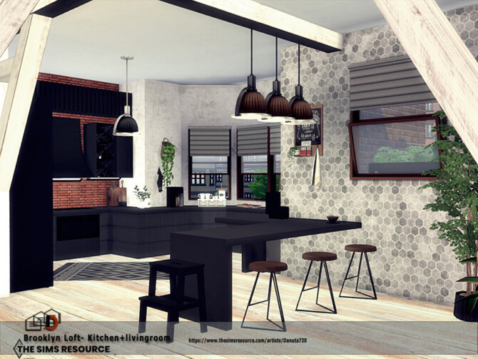 Sims 4 Brooklyn Loft Kitchen + livingroom by Danuta720 at TSR