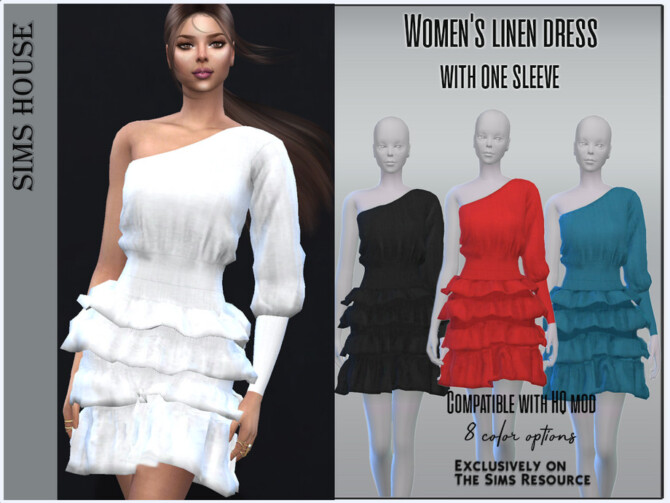 Sims 4 Womens linen dress with one sleeve by Sims House at TSR