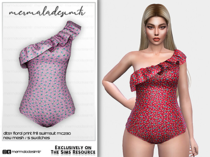 Sims 4 Ditsy Floral Print Frill Swimsuit MC230 by mermaladesimtr at TSR