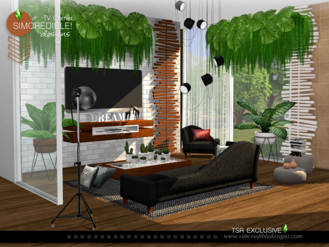 Sims 4 TV Corner living room by SIMcredible at TSR