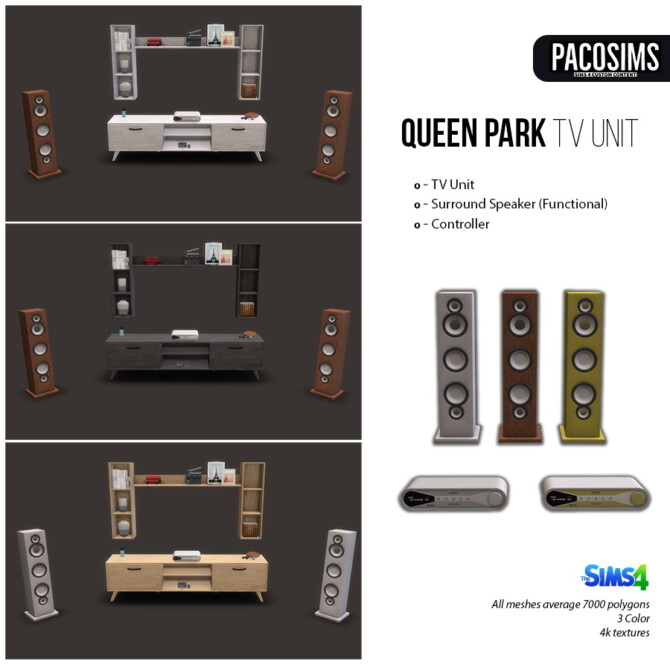 Sims 4 Queen Park Tv Unit & Surround System (P) at Paco Sims
