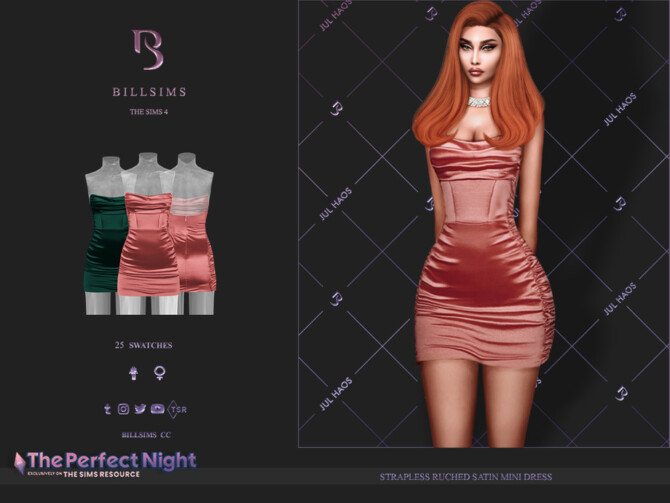 Sims 4 Strapless Ruched Satin Mini Dress by Bill Sims at TSR