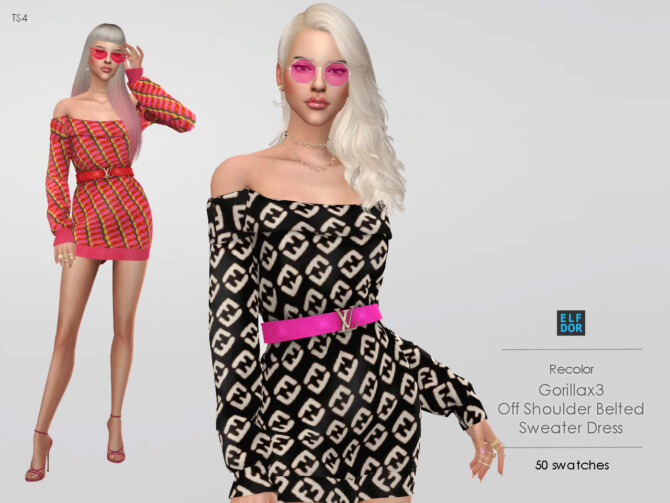 Sims 4 Gorillax3 Off Shoulder Belted Sweater Dress RC at Elfdor Sims