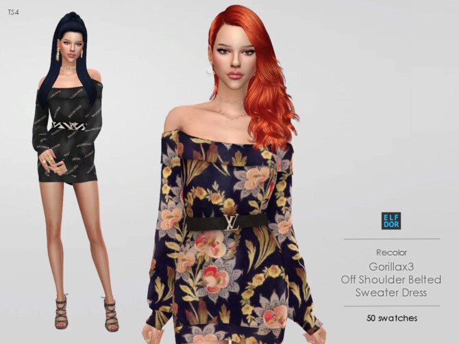 Sims 4 Gorillax3 Off Shoulder Belted Sweater Dress RC at Elfdor Sims