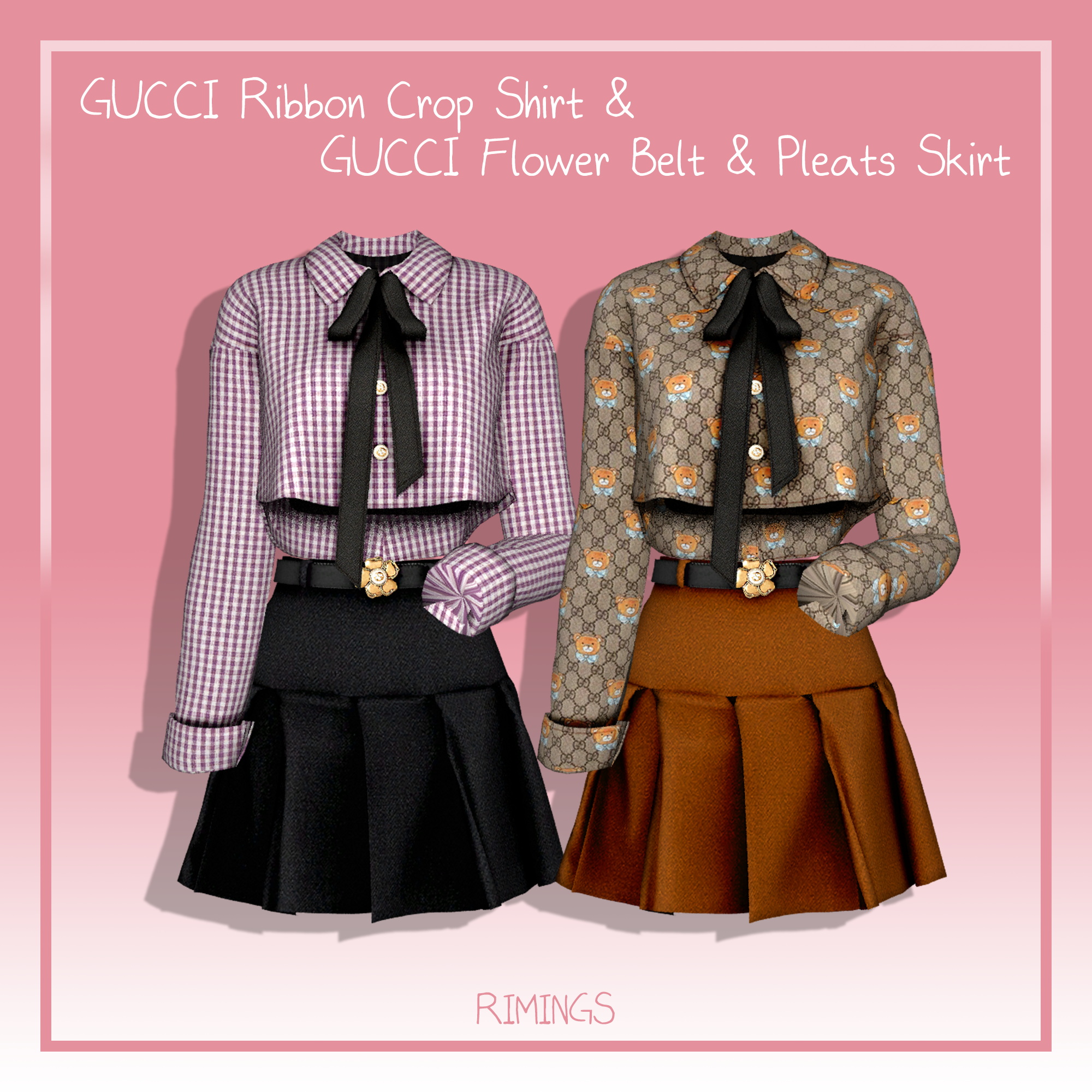 Ribbon Crop Shirt & Flower Belt & Pleats Skirt at RIMINGs » Sims 4 Updates