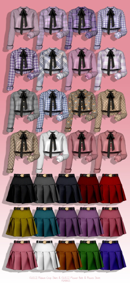 Sims 4 Ribbon Crop Shirt & Flower Belt & Pleats Skirt at RIMINGs