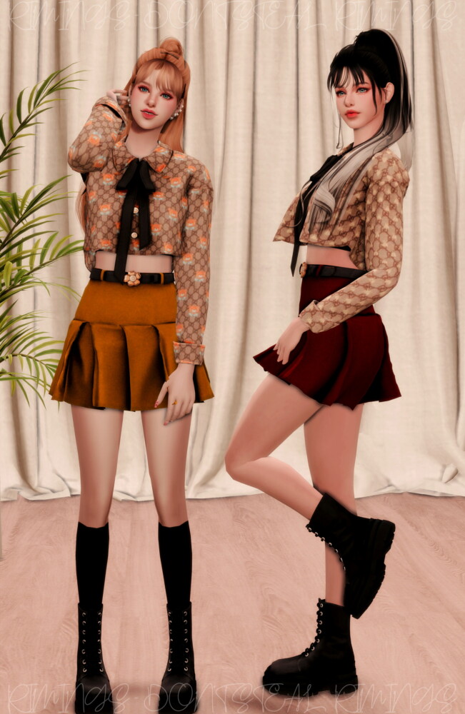 Sims 4 Ribbon Crop Shirt & Flower Belt & Pleats Skirt at RIMINGs