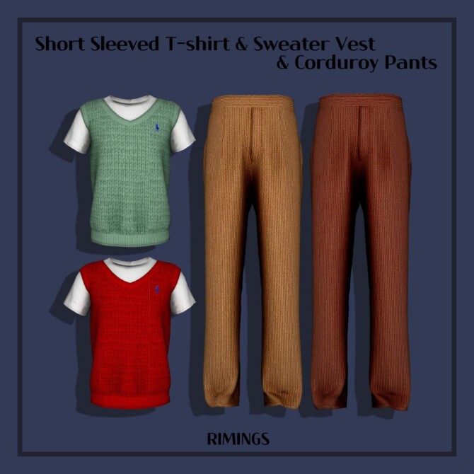 Sims 4 Short Sleeved T shirt & Sweater Vest & Corduroy Pants at RIMINGs