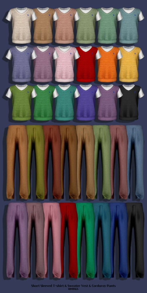 Sims 4 Short Sleeved T shirt & Sweater Vest & Corduroy Pants at RIMINGs