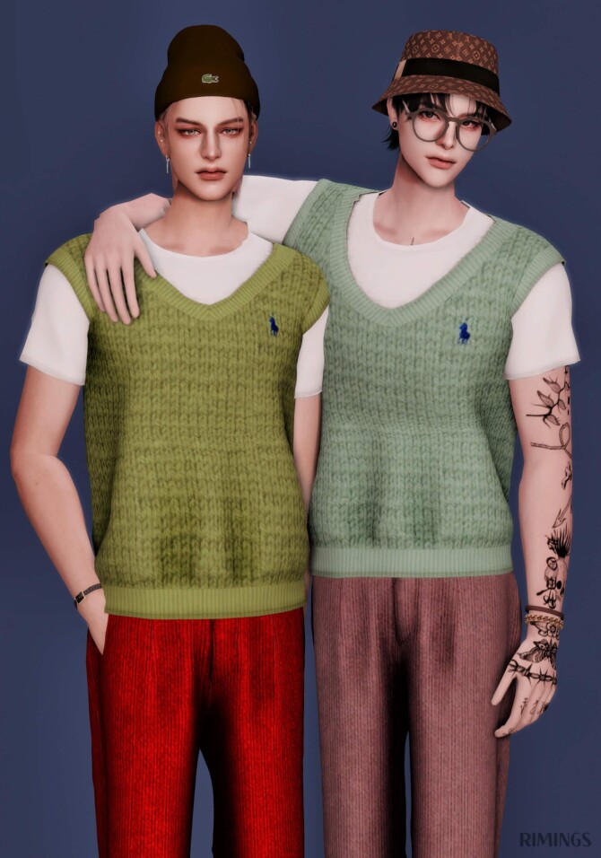 Sims 4 Short Sleeved T shirt & Sweater Vest & Corduroy Pants at RIMINGs