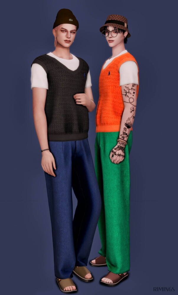 Sims 4 Short Sleeved T shirt & Sweater Vest & Corduroy Pants at RIMINGs