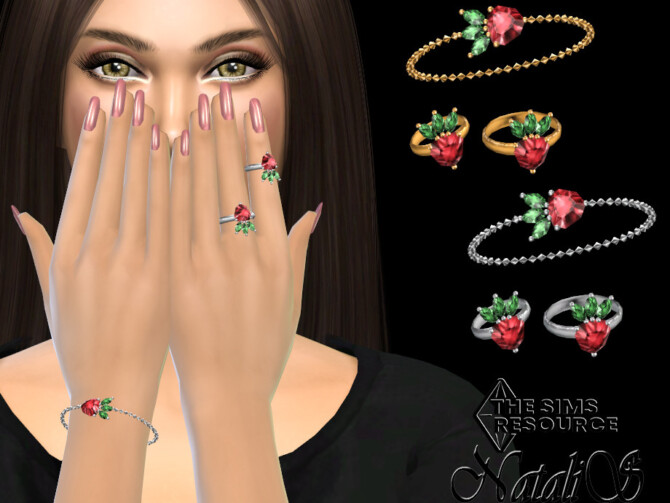 Sims 4 Strawberry chain bracelet with ring (left) by NataliS at TSR