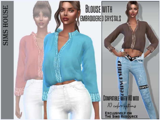 Sims 4 Blouse with embroidered crystals by Sims House at TSR