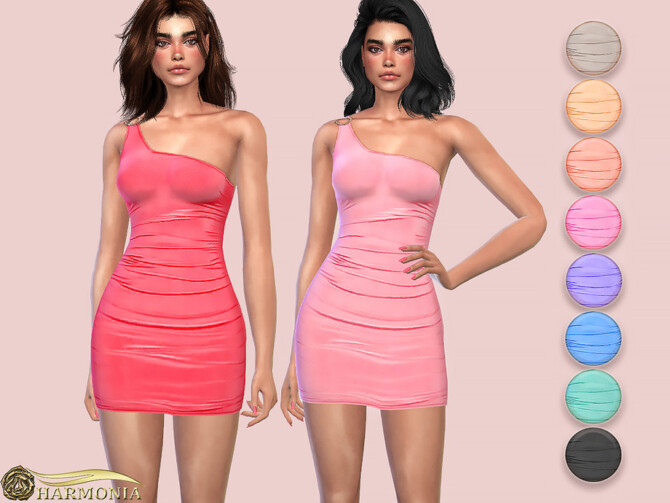 Sims 4 Slinky One Shoulder Ring Detail Dress by Harmonia at TSR