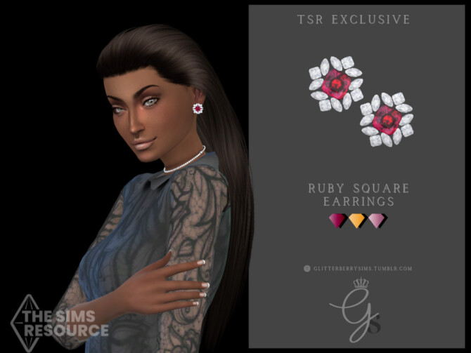 Sims 4 Square Ruby Earrings by Glitterberryfly at TSR
