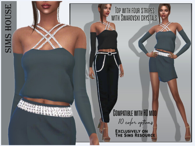 Sims 4 Top with four stripes with Swarovski crystals by Sims House at TSR