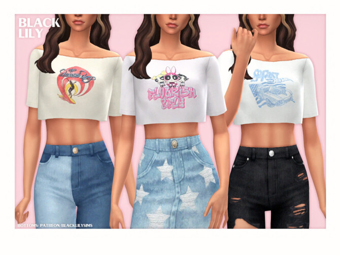 Sims 4 Off Shoulder Crop Tee by Black Lily at TSR