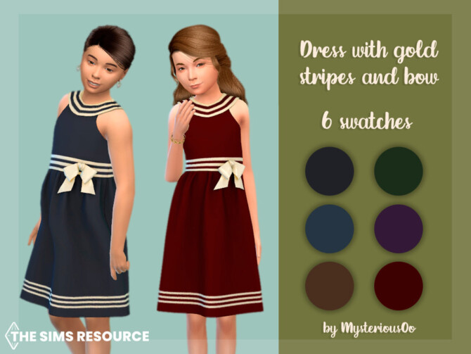 Sims 4 Dress with gold stripes and bow by MysteriousOo at TSR