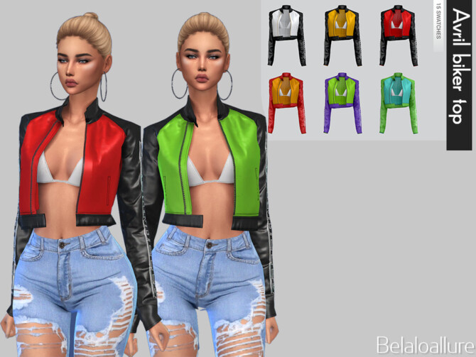 Sims 4 Avril leather biker jacket with bra by Belaloallure at TSR