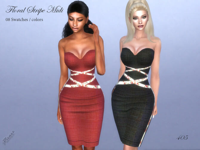 Sims 4 Floral Stripe Midi Dress by pizazz at TSR