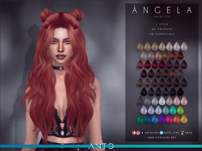Sims 4 Angela long wavy hair with buns by Anto at TSR