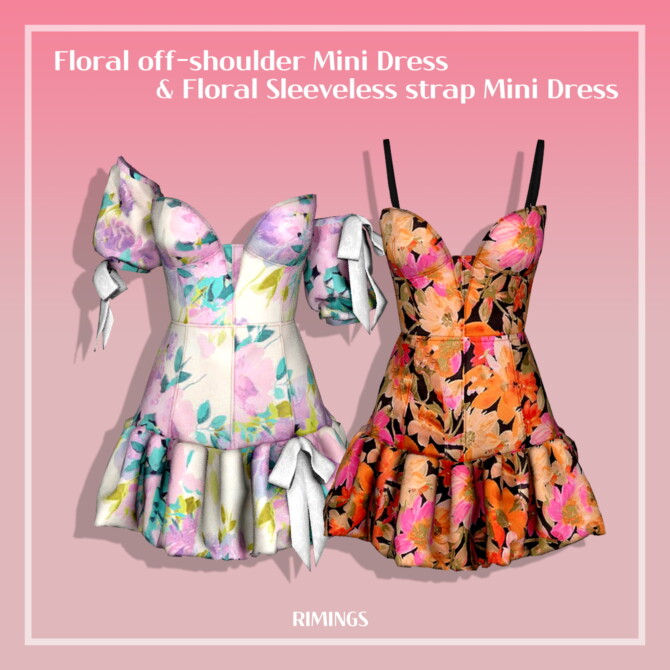 Sims 4 Floral off shoulder & Sleeveless strap Mini Dresses at RIMINGs