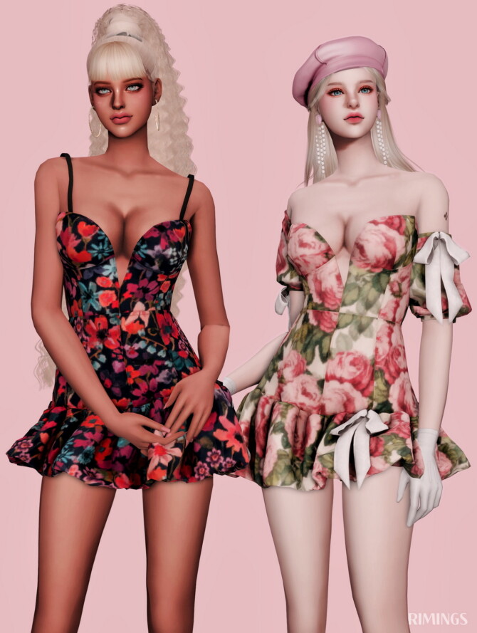 Sims 4 Floral off shoulder & Sleeveless strap Mini Dresses at RIMINGs