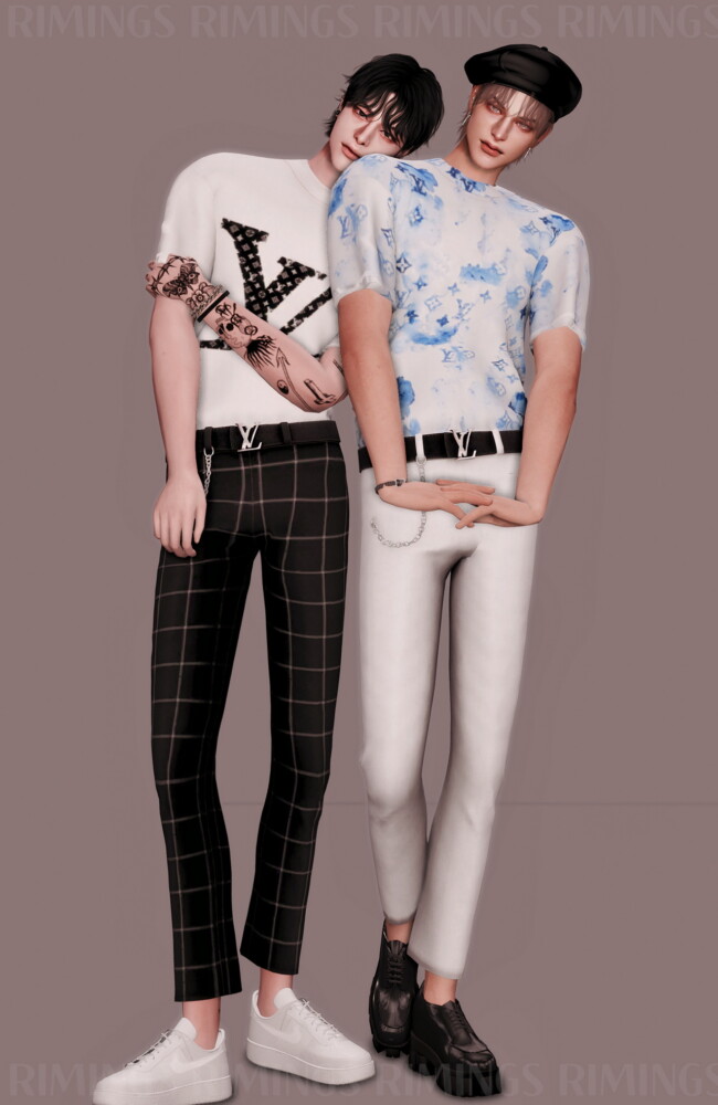 Sims 4 Short sleeved Basic T shirt & Belt & Chain Slim Fit Pants at RIMINGs