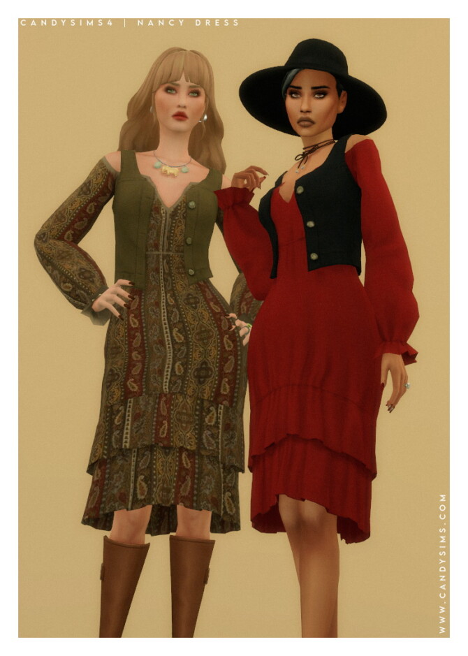 Sims 4 NANCY boho dress with a jeans vest at Candy Sims 4
