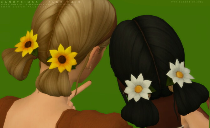 Sims 4 FLOR double bun hair with a flower acc at Candy Sims 4
