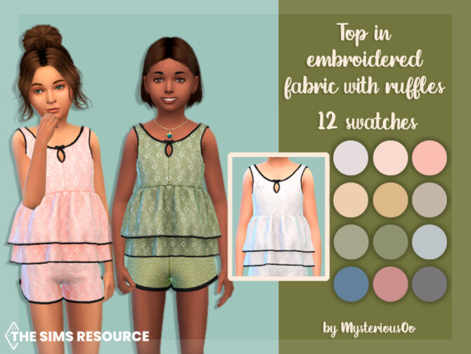 Sims 4 Top in embroidered fabric with ruffles by MysteriousOo at TSR