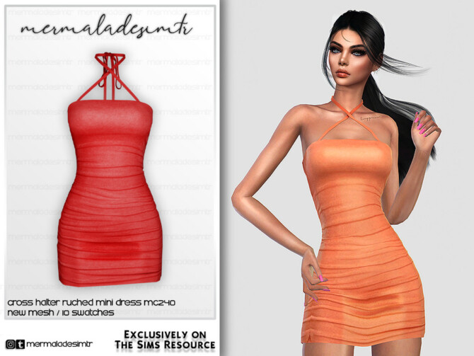 Sims 4 Cross Halter Ruched Mini Dress MC240 by mermaladesimtr at TSR