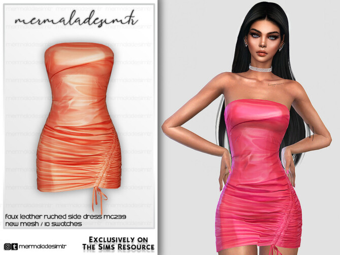 Sims 4 Faux Leather Ruched Side Dress MC239 by mermaladesimtr at TSR