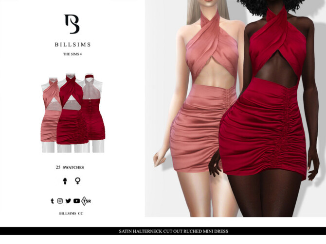 Sims 4 Satin Halterneck Cut Out Ruched Mini Dress by Bill Sims at TSR