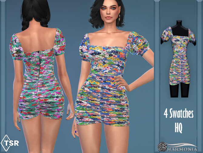 Sims 4 Colorful Floral Puff Sleeve Dress by Harmonia at TSR