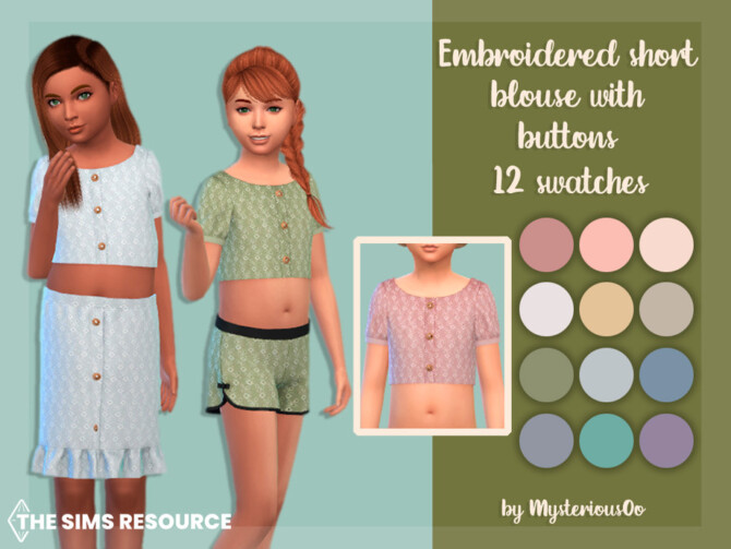 Sims 4 Embroidered short blouse with buttons by MysteriousOo at TSR