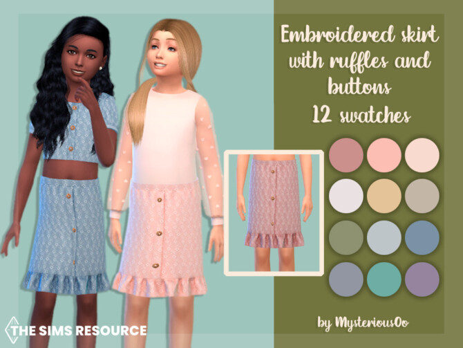 Sims 4 Embroidered skirt with ruffles and buttons by MysteriousOo at TSR