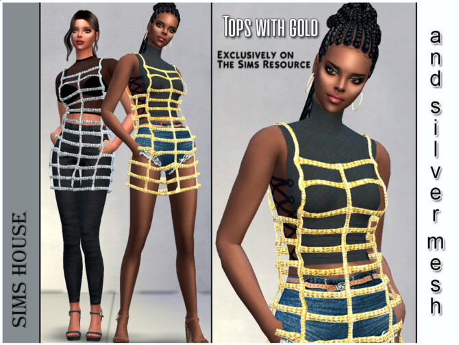 Sims 4 Tops with gold and silver mesh by Sims House at TSR