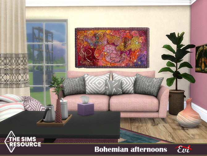 Sims 4 Bohemian Afternoons Livingroom by evi at TSR