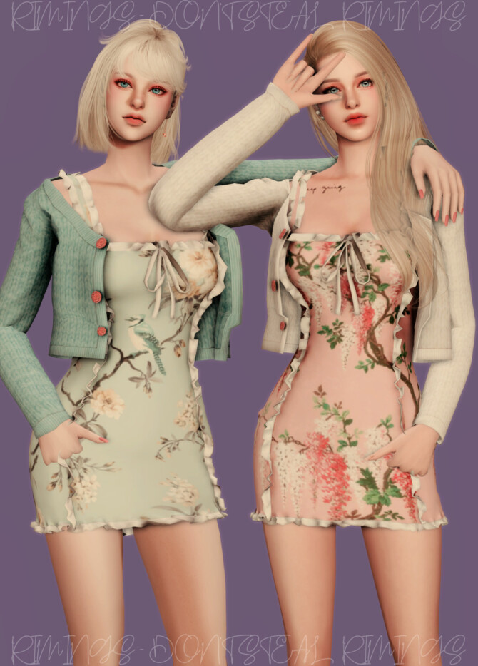 Sims 4 Cardigan & Floral Frill Sleeveless Dress at RIMINGs