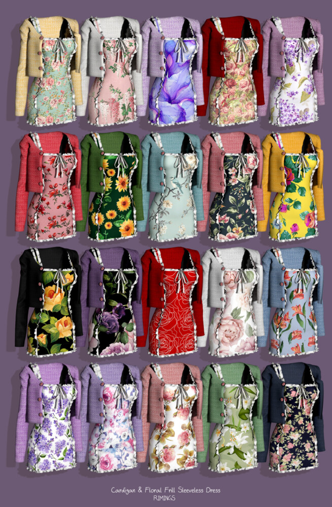 Sims 4 Cardigan & Floral Frill Sleeveless Dress at RIMINGs