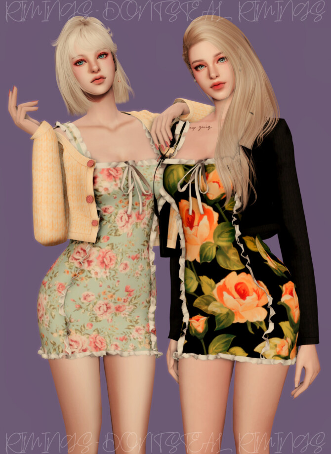Cardigan & Floral Frill Sleeveless Dress at RIMINGs » Sims 4 Updates