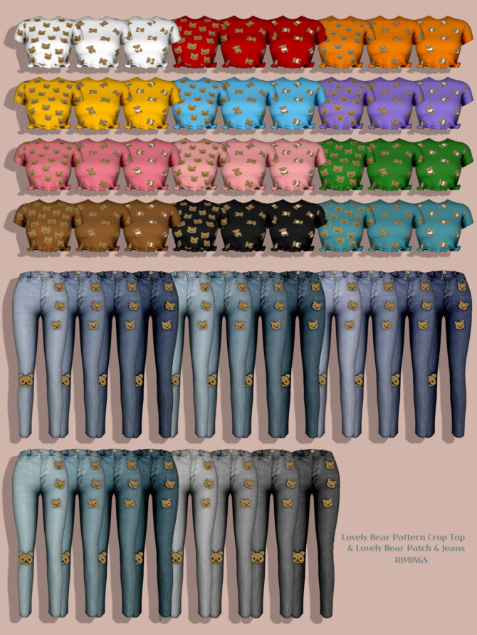 Sims 4 Lovely Bear Pattern Crop Top & Lovely Bear Patch & Jeans at RIMINGs