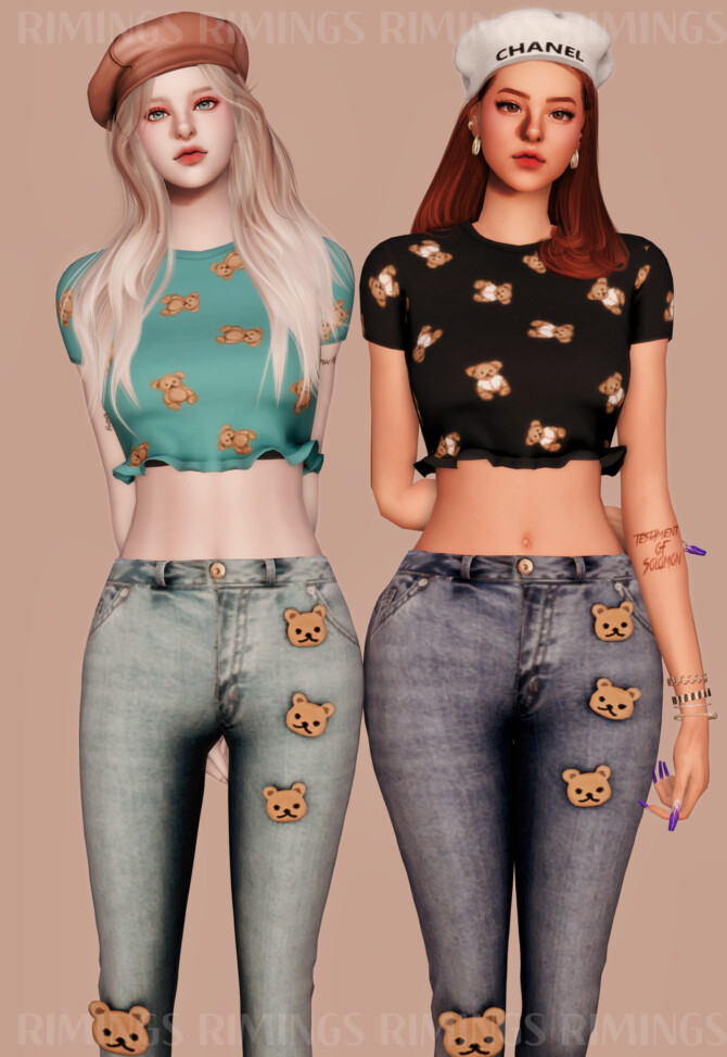Sims 4 Lovely Bear Pattern Crop Top & Lovely Bear Patch & Jeans at RIMINGs