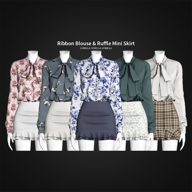 Sims 4 Ribbon Blouse & Ruffle Mini Skirt at Gorilla