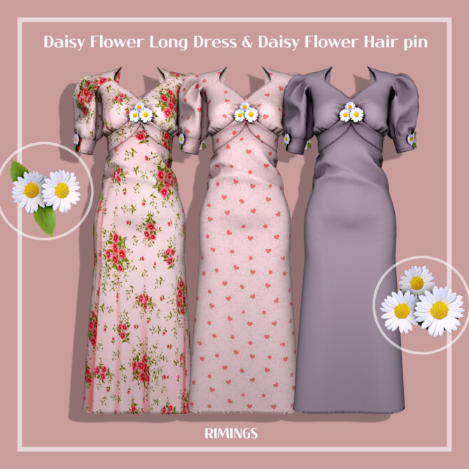 Sims 4 Daisy Flower Long Dress & Flower Hair pin at RIMINGs
