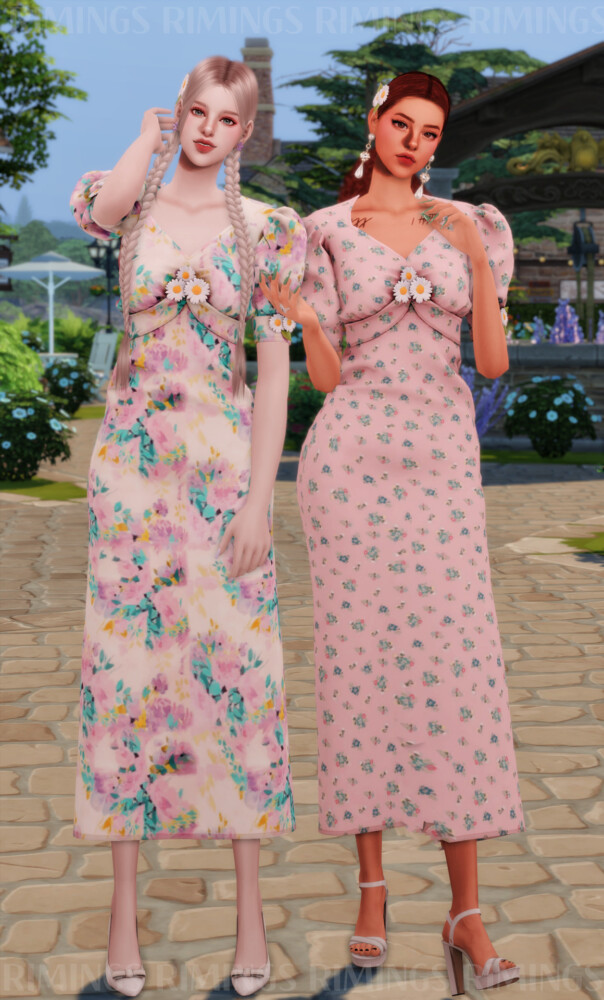 Sims 4 Daisy Flower Long Dress & Flower Hair pin at RIMINGs