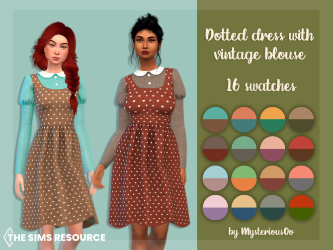 Sims 4 Dotted dress with vintage blouse by MysteriousOo at TSR