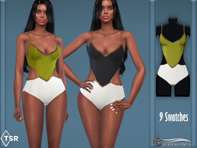 Sims 4 Metallic Trim Strappy Swimsuit by Harmonia at TSR