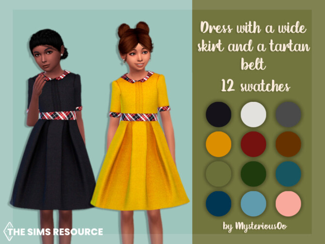 Sims 4 Dress with a wide skirt and a tartan belt by MysteriousOo at TSR